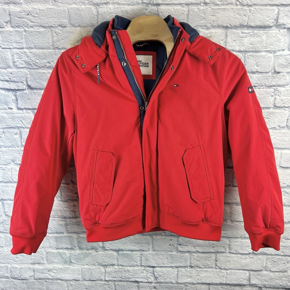 New Tommy Hilfiger Men Red Faux‎ Fur Hood Winter Coat Full Zip Snap Jacket Sz XL